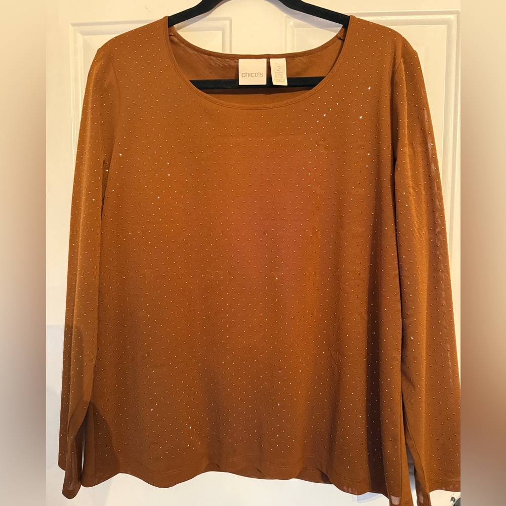 Chicos Brown with embellishments gold shimmer long sleeve top lined